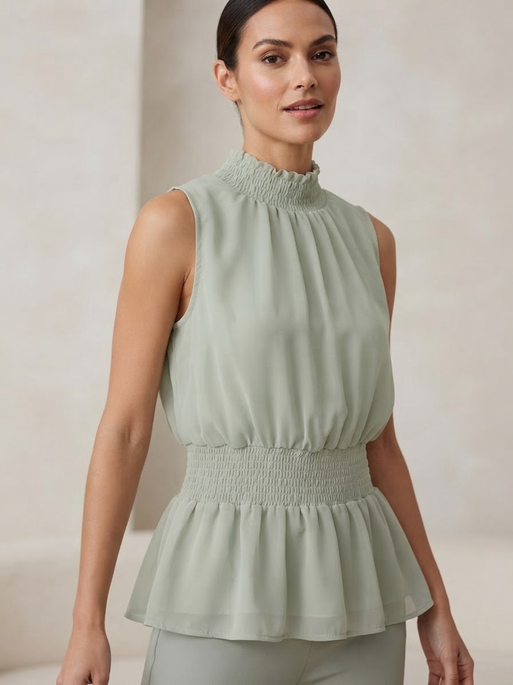 Joppa Smocked Neck Peplum Blouse in Green Size Medium NWT